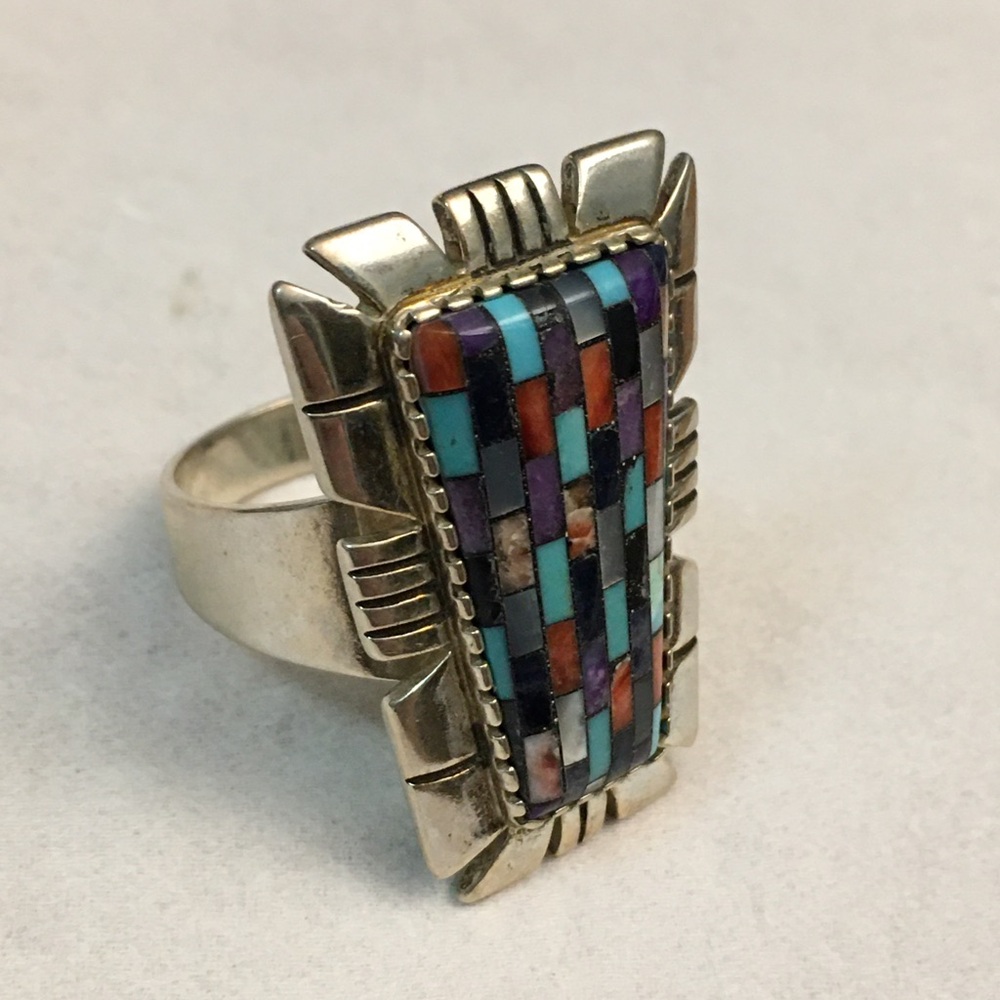 Vintage Mosaic Inlay Trapezoid Relios & Carolyn Pollack St Silver Ring. Lg Sz 12